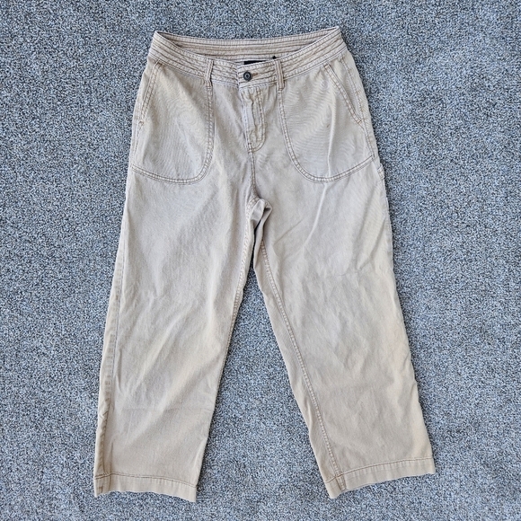 Prana San go Wide Leg Crop Pants Carpenter Cotton Tan Distressed Capris Womens 6 - Picture 1 of 16